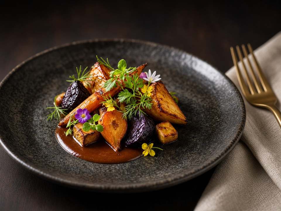 Assiette de légumes rôtis, herbes et fleurs, servie à la table de ChefousDinery.com.