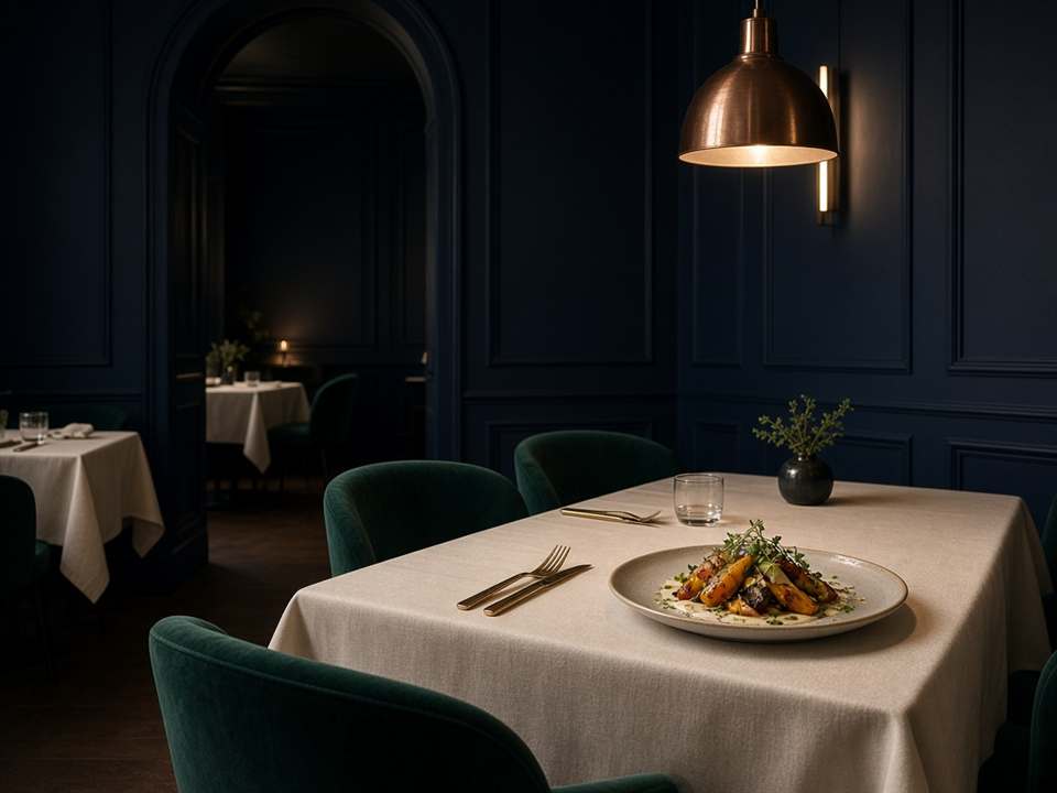 Salle à manger de ChefousDinery.com, tables nappées et chaises de velours avant le service du soir.