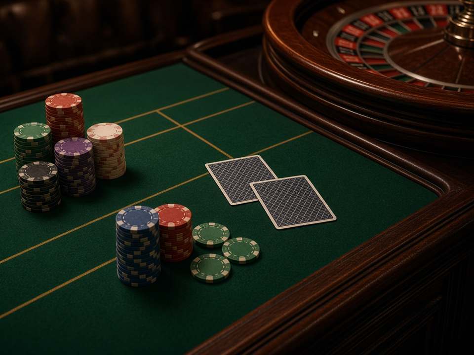 Tapis vert, jetons, cartes face cachée et roulette dans le salon de ChefousDinery.com.